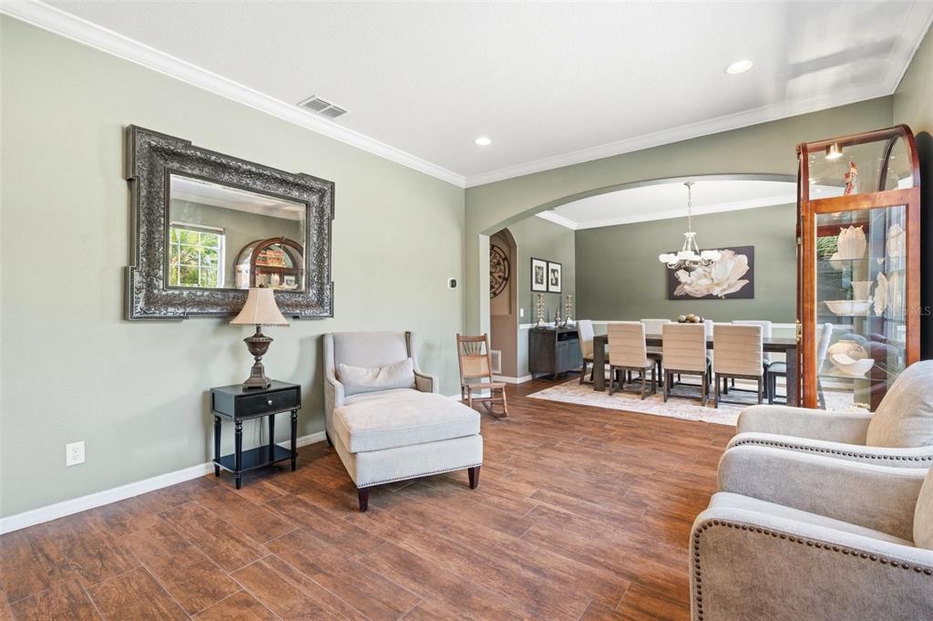 A living area with wood-look tile floors opens into a dining room with an arched entryway — 3449 LOGGERHEAD WAY, WESLEY CHAPEL, FL