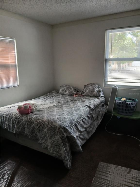 A bedroom features a bed with a patterned comforter, two windows, and dark carpeting — 905 BEVERLY AVENUE, LARGO, FL