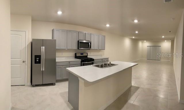 A kitchen with gray cabinets, stainless steel appliances, and a central island with a sink — 20007 ROYAL TERN COURT, LEESBURG, FL