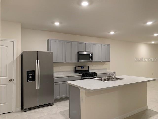 A kitchen features gray cabinets, stainless steel appliances, and a central island with a sink — 20007 ROYAL TERN COURT, LEESBURG, FL