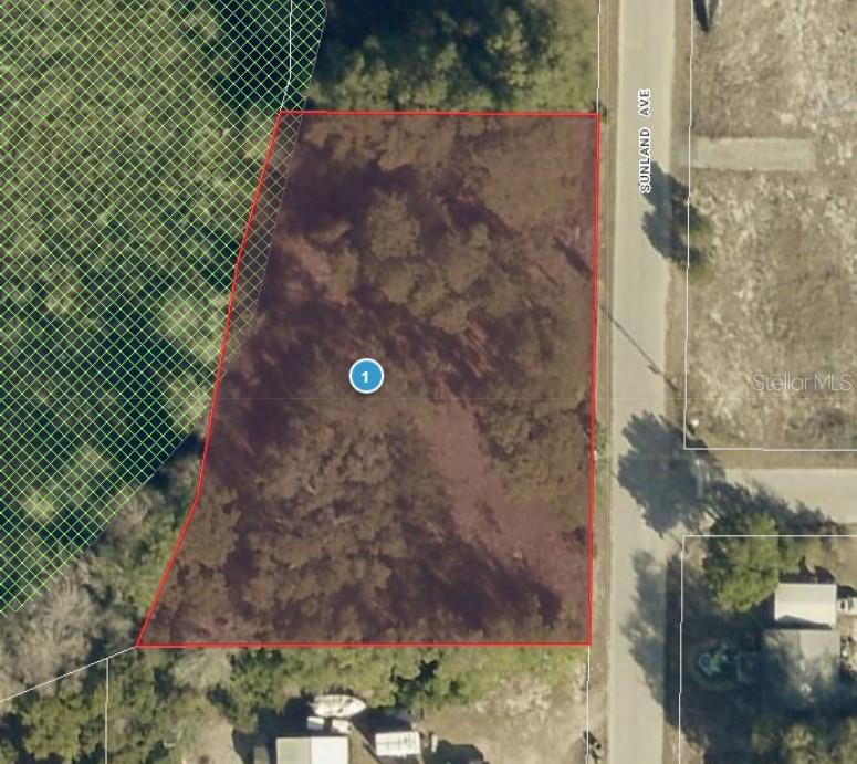 An aerial view shows a rectangular, wooded vacant lot bordering a paved road — 34121 SUNLAND AVENUE, LEESBURG, FL
