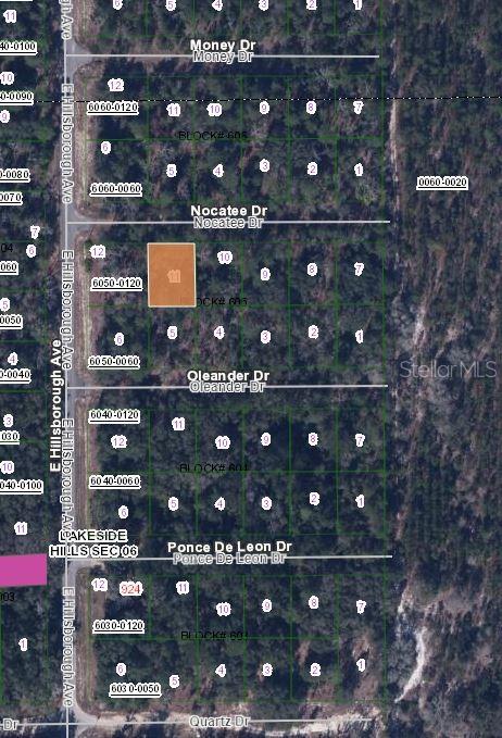 This is a satellite map showing a highlighted residential lot within a platted subdivision — 103 NOCATEE DRIVE, FLORAHOME, FL