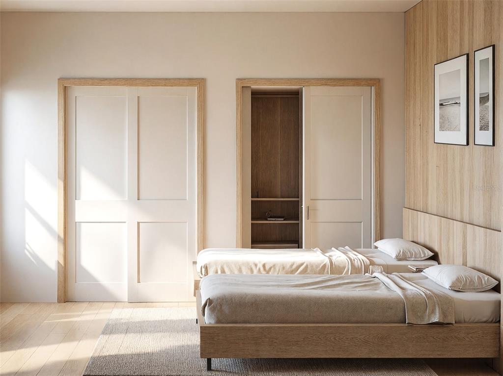 This rendering shows a bedroom with two twin beds, light wood paneling, and sliding doors — 34 GREEN CIRCLE UNIT 202, PALM COAST, FL