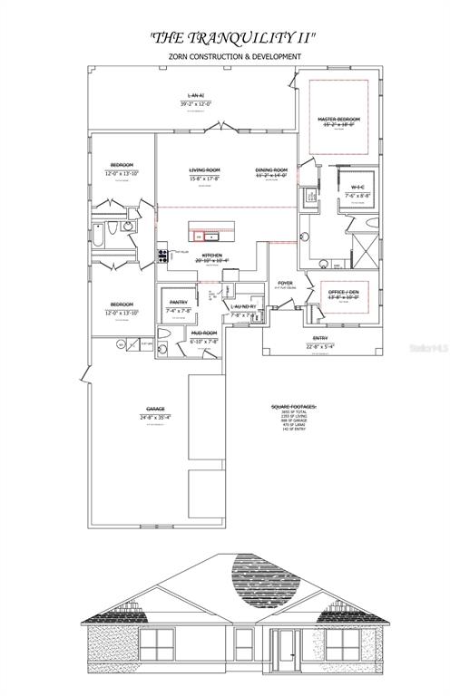 This is a floor plan and front elevation rendering for a single-story residential home design — 8343 SW 135TH AVENUE, DUNNELLON, FL