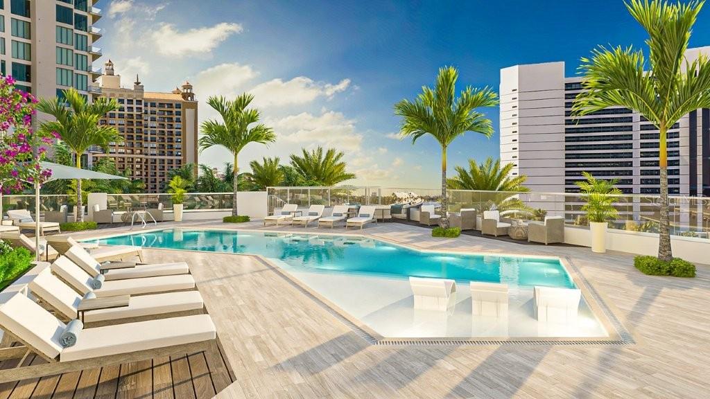 This architectural rendering shows a rooftop swimming pool with lounge chairs and palm trees — 555 QUAY COMMONS UNIT 1903, SARASOTA, FL