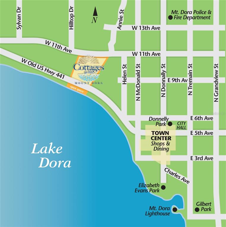 This is a map showing the location of Cottages on 11th near Lake Dora — 624 CASEY LOOP, MOUNT DORA, FL