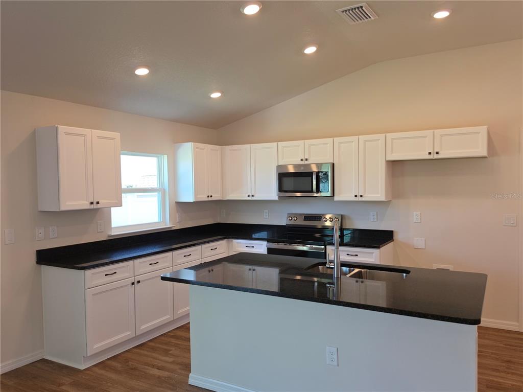 A kitchen features white cabinets, black countertops, a center island, and stainless steel appliances — 8270 N WAKEFIELD DRIVE, CITRUS SPRINGS, FL