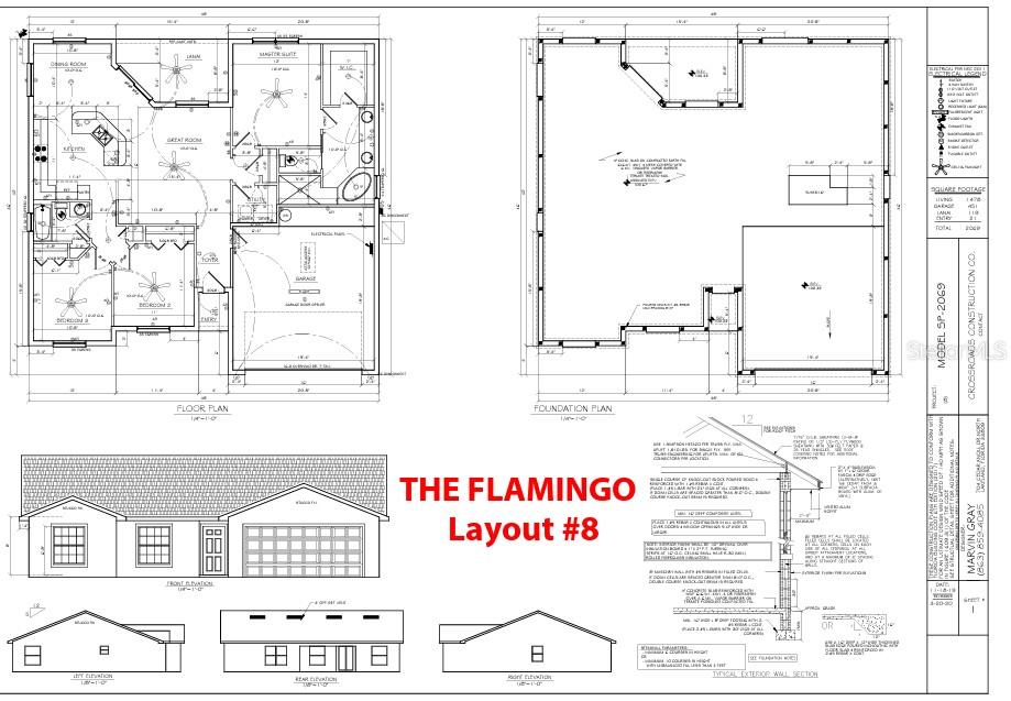 This architectural blueprint displays the floor plan, foundation, and exterior elevations for a residential home — 5976 CORMORANT COURT, LAKELAND, FL