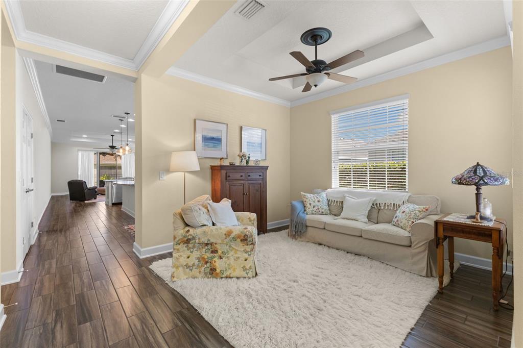 A living room features a beige sofa, floral armchair, white rug, and wood-look tile floors — 6918 MAKERS WAY, APOLLO BEACH, FL