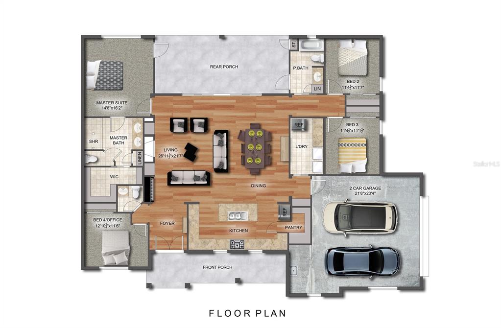 This floor plan shows a four-bedroom house with a kitchen, living area, and two-car garage — 935 N THOMPSON ROAD, APOPKA, FL
