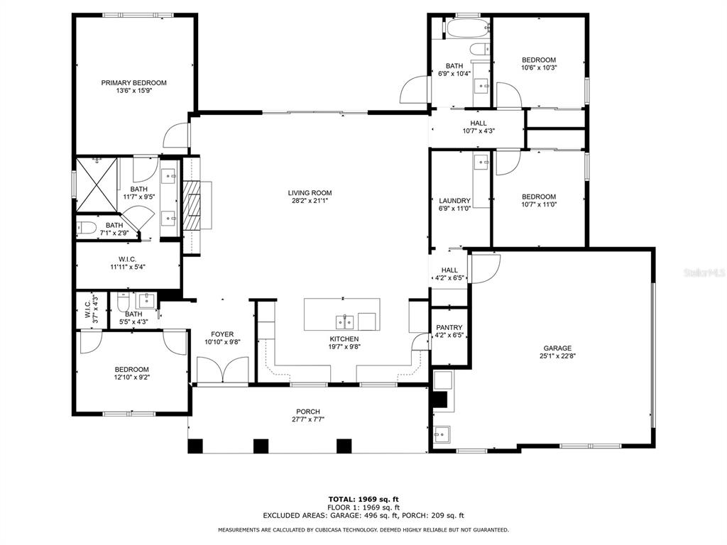 This is a floor plan of a single-story home with three bedrooms and a garage — 935 N THOMPSON ROAD, APOPKA, FL
