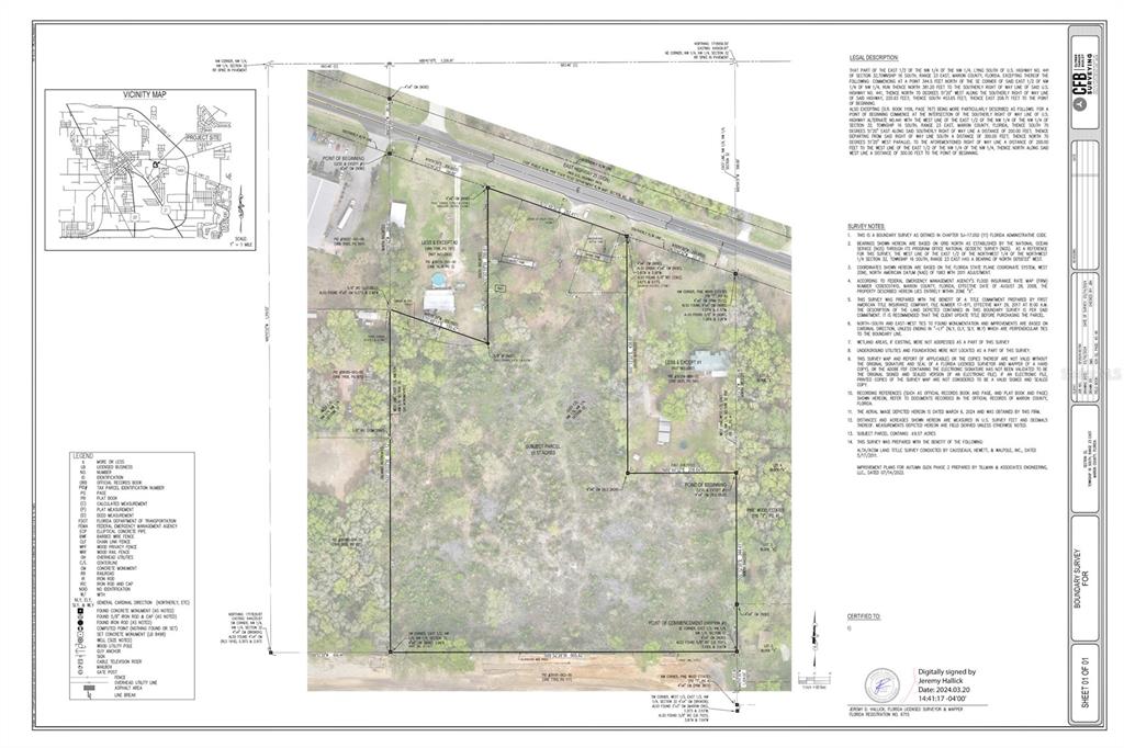 This is a boundary survey map showing property lines overlaid on an aerial view — 7200 E HIGHWAY 25, BELLEVIEW, FL