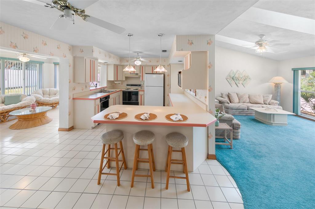 An open-concept kitchen with a breakfast bar overlooks a living area with blue carpeting — 4715 S PENINSULA DRIVE, PONCE INLET, FL