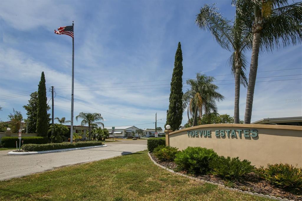 The entrance to Tidevue Estates features a sign, a flagpole, and palm trees — 1205 43RD AVENUE DRIVE E, ELLENTON, FL