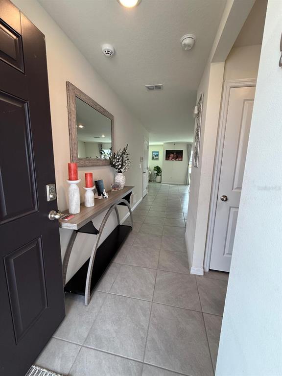 A tiled entryway features a console table with a mirror and a hallway leading forward — 10662 CHIPPEWA DRIVE, PARRISH, FL