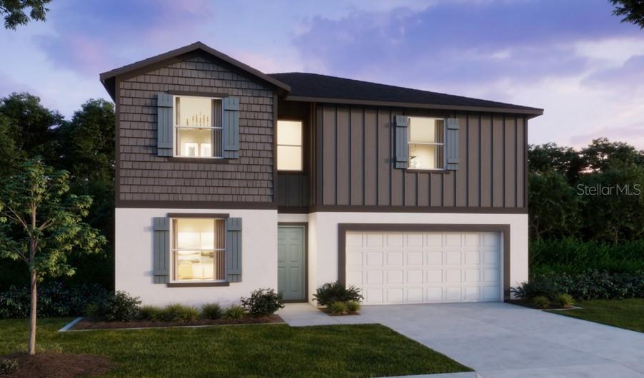 This is a digital rendering of a two-story house with a garage and mixed siding — 31576 WILD GRAPE LANE, BROOKSVILLE, FL