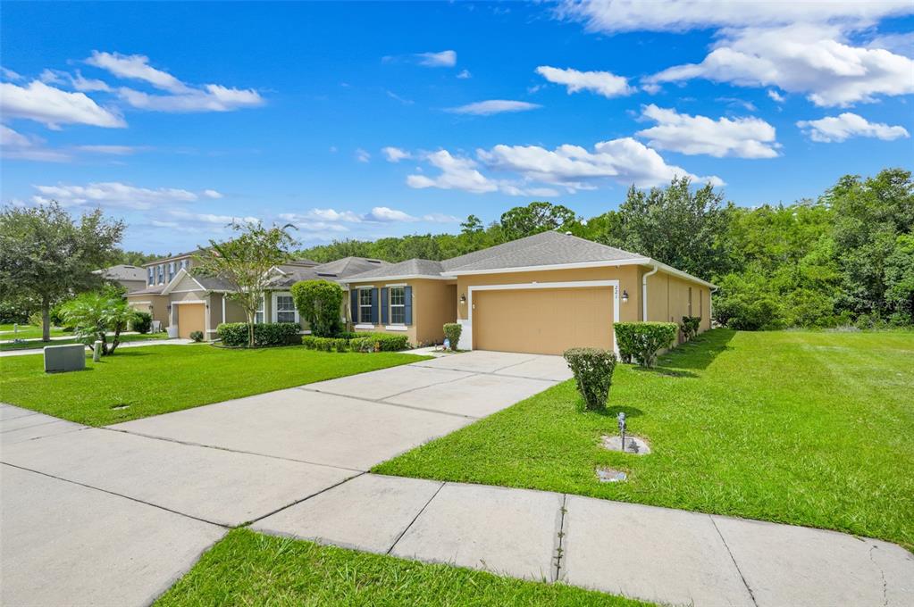 A tan single-story suburban house with a two-car garage and a concrete driveway — 221 DAIGLEDOG STREET, ST CLOUD, FL