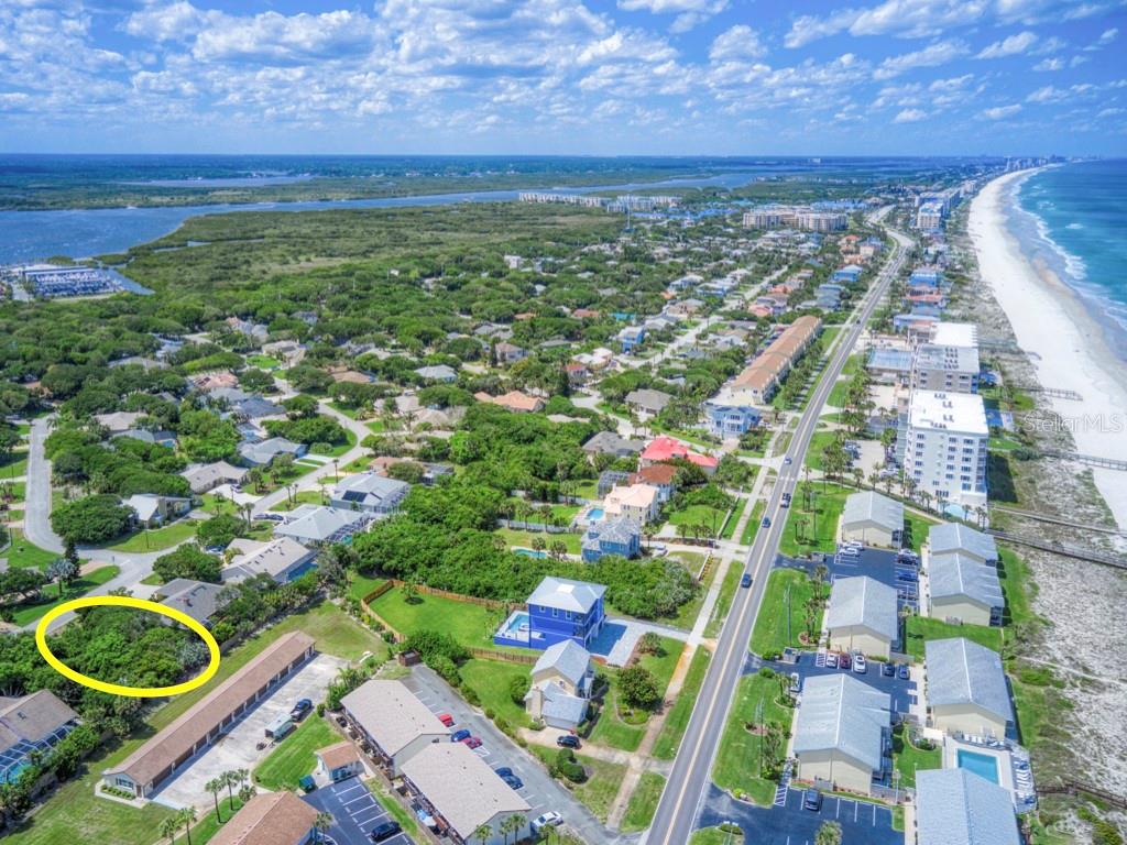An aerial view shows a coastal neighborhood with a yellow circle highlighting a wooded lot — 62 BUSCHMAN DRIVE, PONCE INLET, FL
