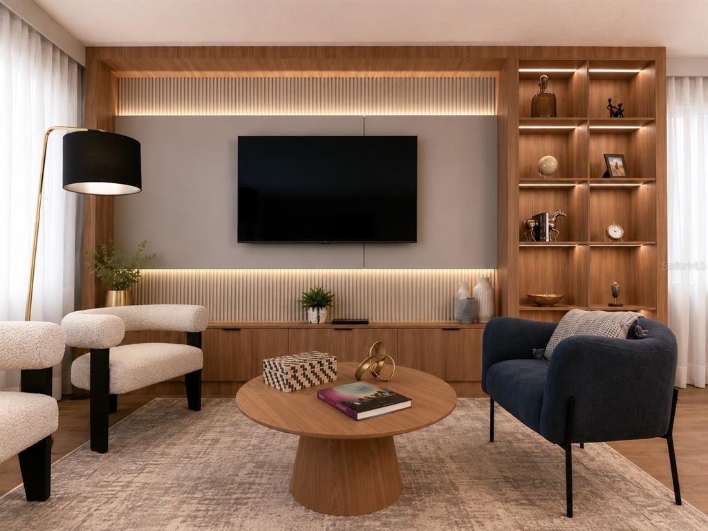 This rendering shows a modern living room with a wood-paneled media wall and built-in shelving — 3052 NAMASTE DRIVE, CLERMONT, FL