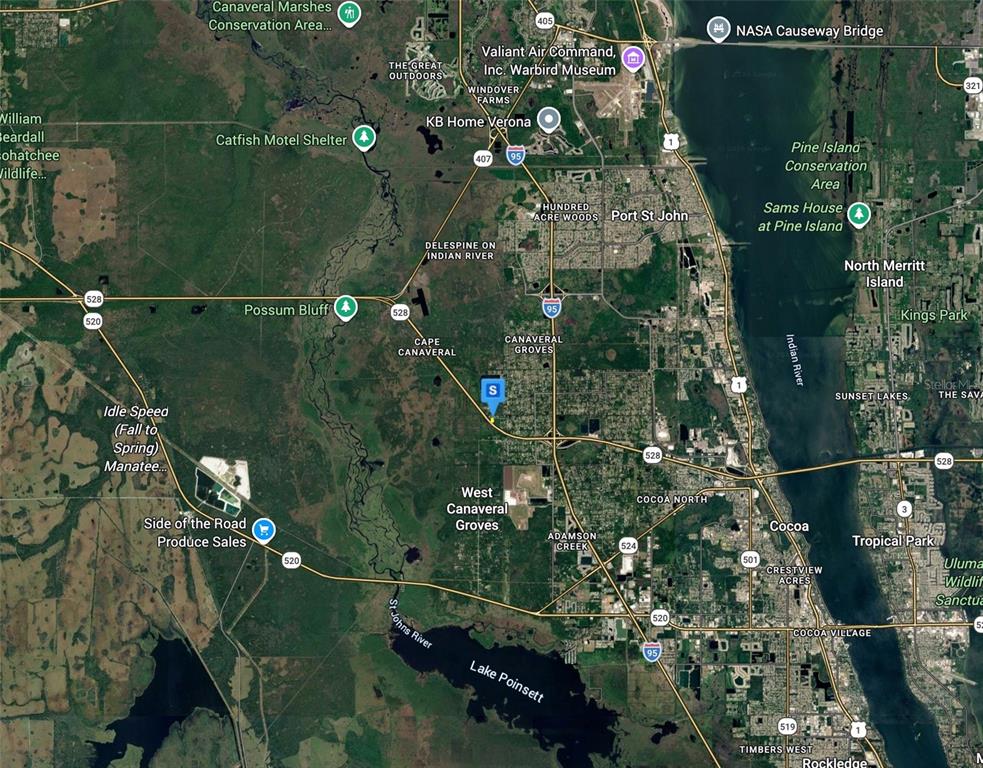 This is a satellite map showing the area around Cocoa, Florida, and the Indian River — 5535 SIMPSON PLACE, COCOA, FL