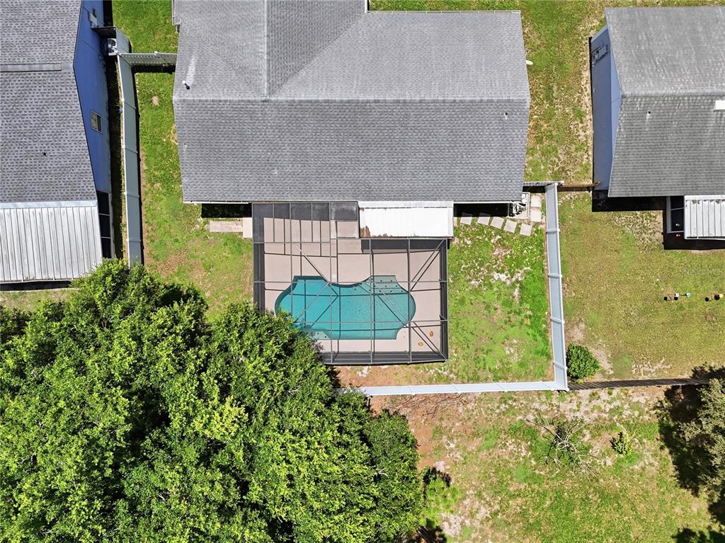 An aerial view shows a house with a screened-in pool and a large backyard tree — 133 REBECCA DRIVE NE, WINTER HAVEN, FL