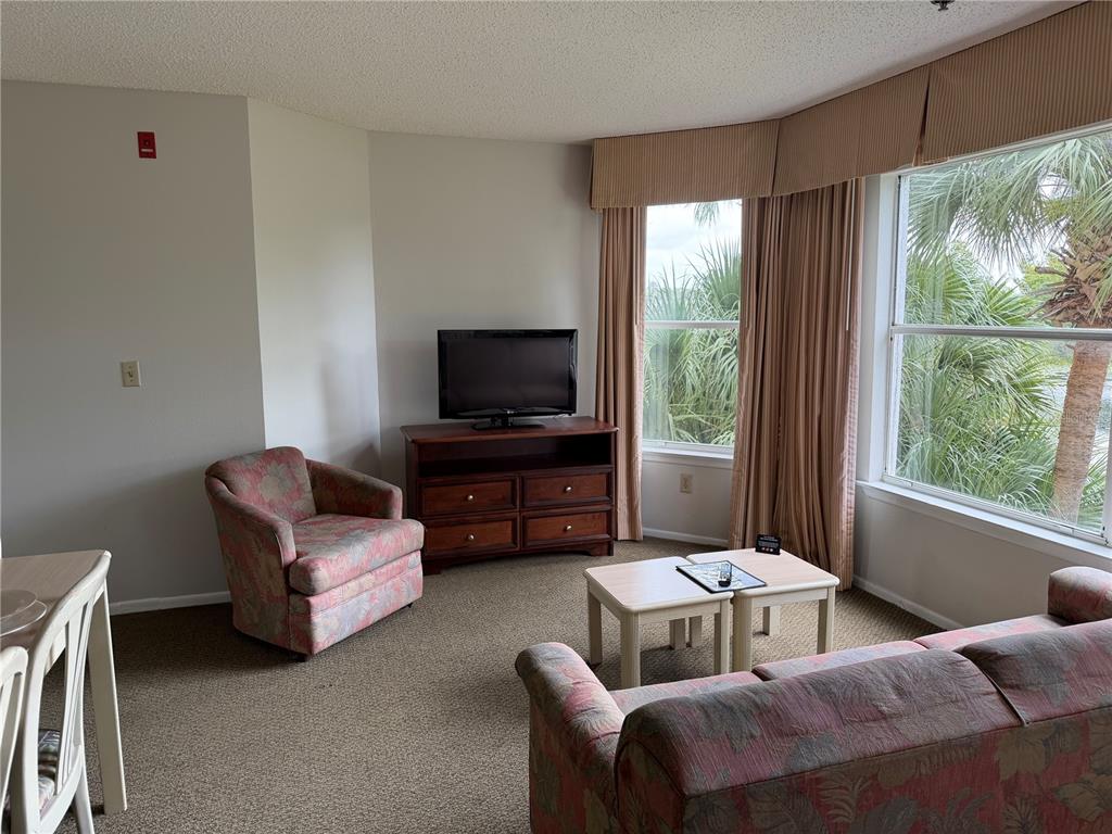A living room features a patterned sofa and armchair, a television on a wooden stand, and windows — 6324 PARC CORNICHE DRIVE UNIT 1202, ORLANDO, FL
