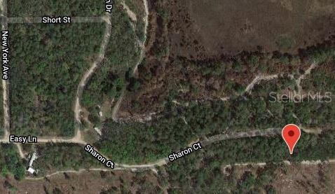 This is a satellite map view showing a wooded lot located along Sharon Court — 153 SHARON DRIVE, SATSUMA, FL