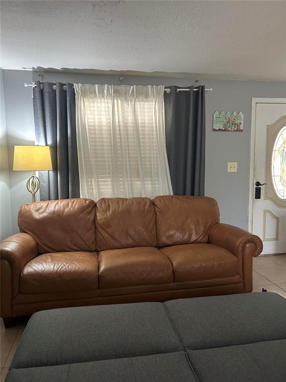 A living room features a brown leather sofa, a gray ottoman, and gray curtains — 5401 96TH AVENUE N, PINELLAS PARK, FL