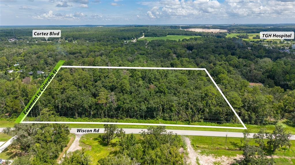 An aerial view shows a rectangular, wooded plot of land bordered by a paved road — 10.30 Acres WISCON ROAD, BROOKSVILLE, FL