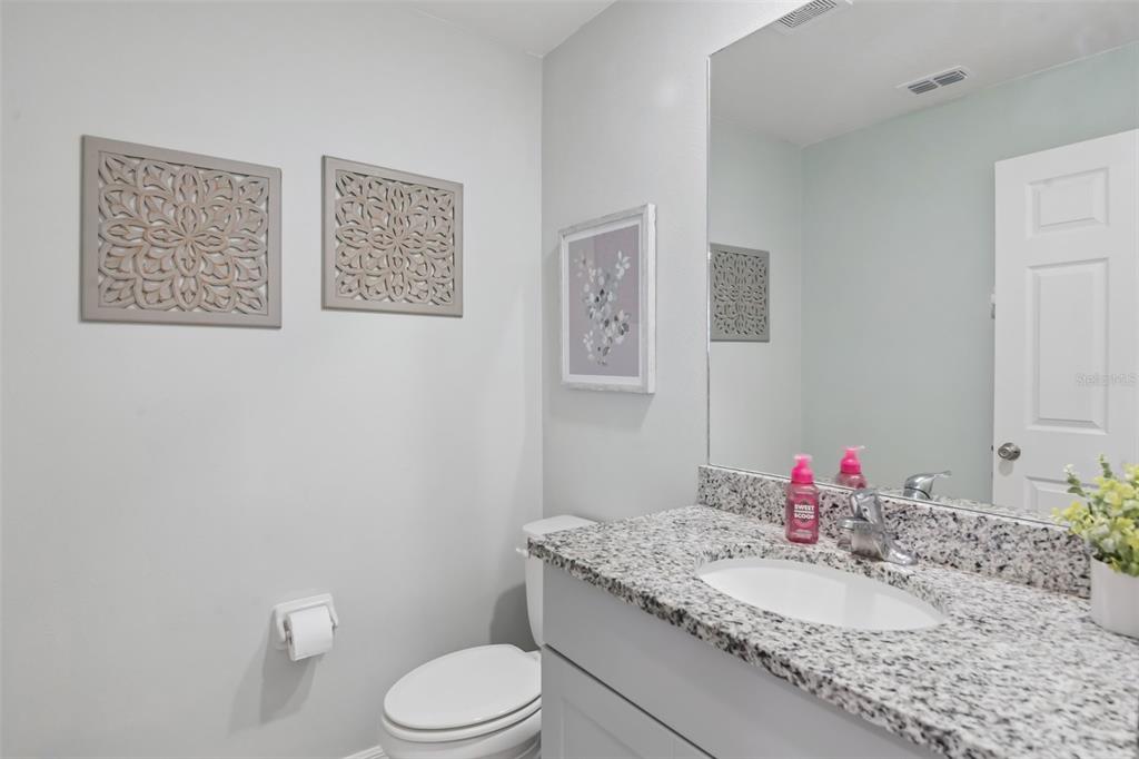 A bathroom features a granite vanity, a white toilet, and wall art on light gray walls — 34162 ROGALLO LANE, WESLEY CHAPEL, FL