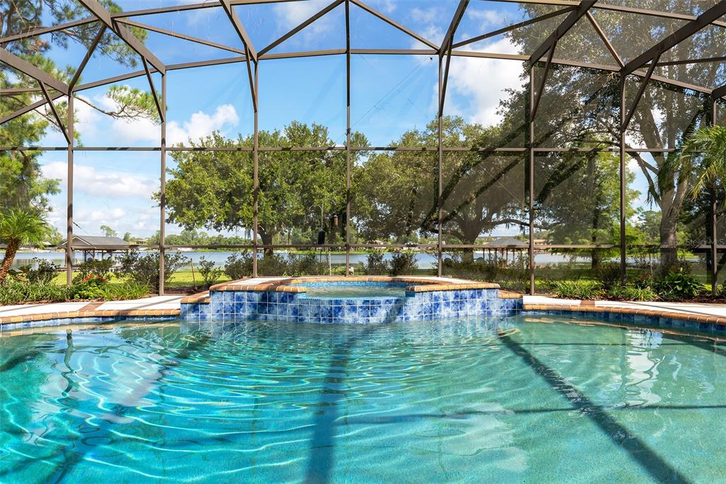 A swimming pool and raised spa are enclosed by a screen cage overlooking a lake — 284 EVANSDALE ROAD, LAKE MARY, FL