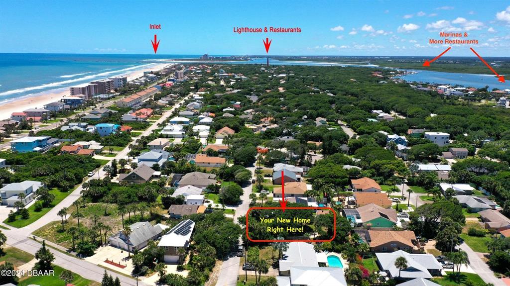 This aerial view shows a residential neighborhood near the coast with a highlighted property — 4714 MONTROSE AVENUE, PONCE INLET, FL