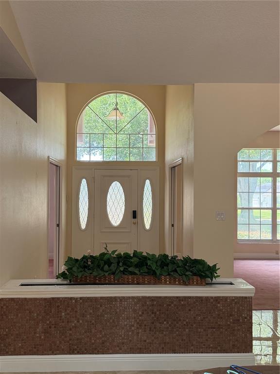 An entryway features a front door with sidelights, an arched transom window, and a tiled planter — 1760 LAKE TERRACE DR, EUSTIS, FL