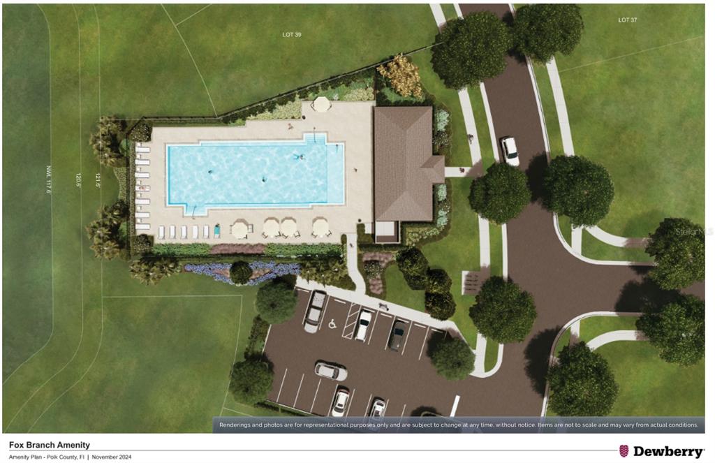This rendering shows a community amenity site plan featuring a swimming pool, building, and parking — 4518 LAKE FOX DRIVE, LAKELAND, FL