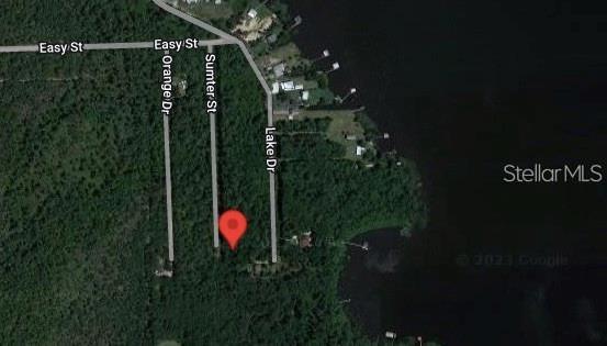 This is a satellite map showing a wooded lot marked with a red pin — 134 SUMTER STREET, FLORAHOME, FL