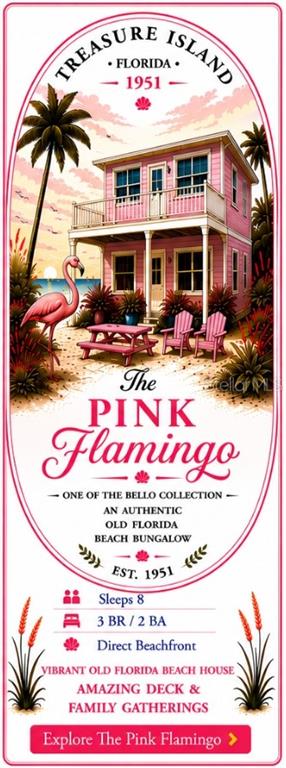 This is a digital rendering of a two-story pink beach house with a flamingo — 12609 SUNSHINE LANE, TREASURE ISLAND, FL
