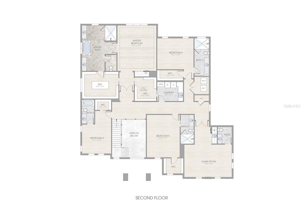 This is a floor plan of a second-story residential layout featuring five bedrooms and bathrooms — 2303 S CAMERON AVENUE, TAMPA, FL