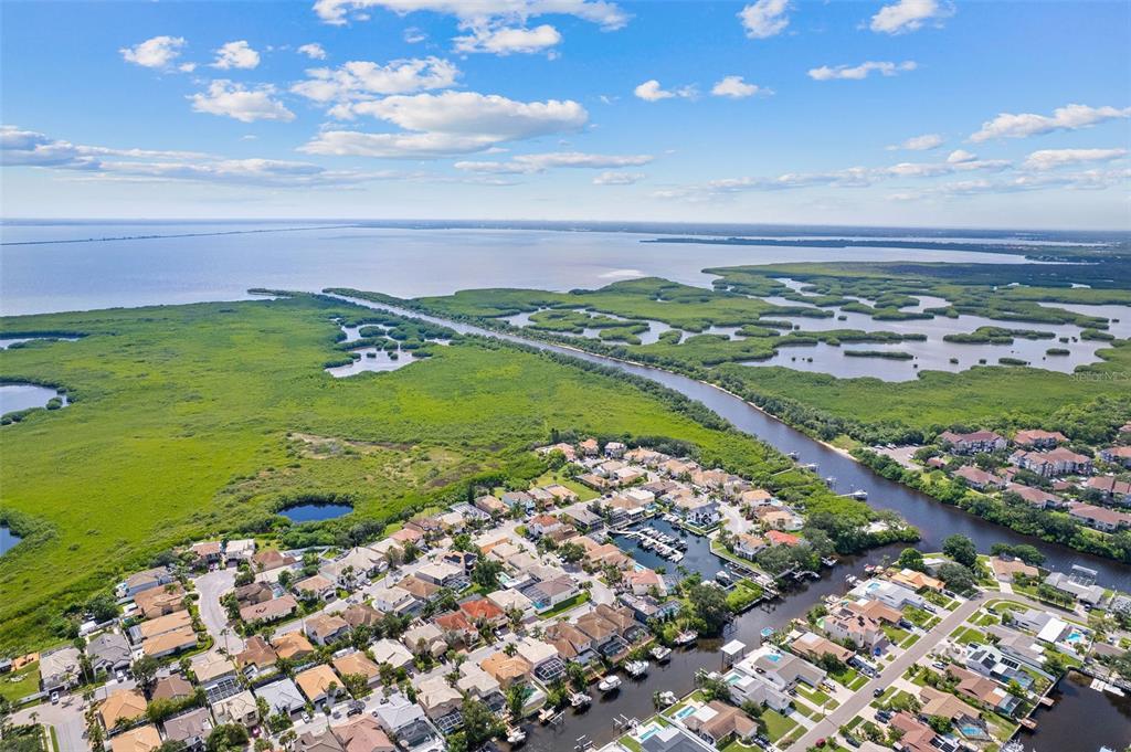 An aerial view shows a waterfront residential neighborhood adjacent to a large marshy area — 5811 IMPERIAL KEY, TAMPA, FL