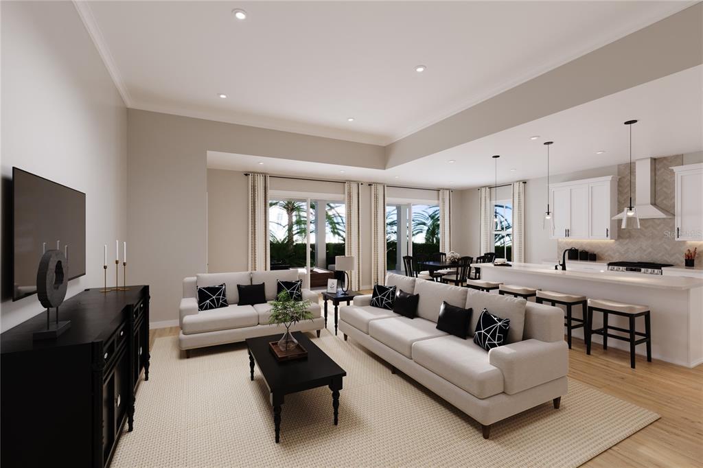 This is a rendering of an open-concept living room and kitchen with neutral furniture — 8634 SWAN VIEW CIRCLE, LEESBURG, FL