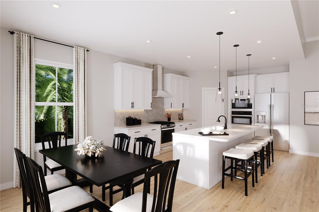 This is a rendering of a modern kitchen and dining area with white cabinetry and island — 8634 SWAN VIEW CIRCLE, LEESBURG, FL