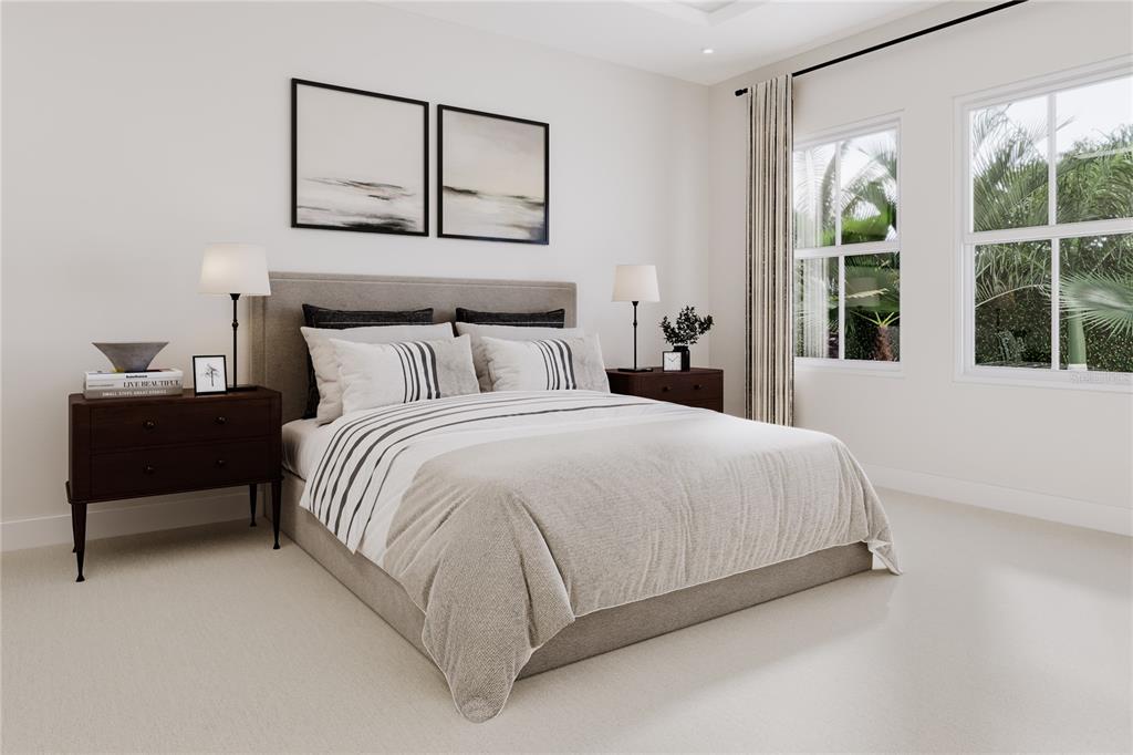 This is a digital rendering of a bedroom featuring a bed, two nightstands, and windows — 8634 SWAN VIEW CIRCLE, LEESBURG, FL