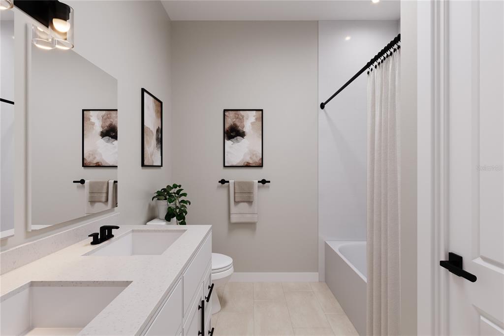 This rendering shows a modern bathroom with a double vanity, a tub-shower, and neutral finishes — 8634 SWAN VIEW CIRCLE, LEESBURG, FL