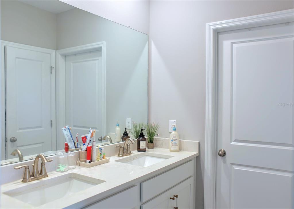 A bathroom features a double vanity with white cabinets, light countertops, and a large wall mirror — 2471 WARREN ACRES BOULEVARD, WESLEY CHAPEL, FL