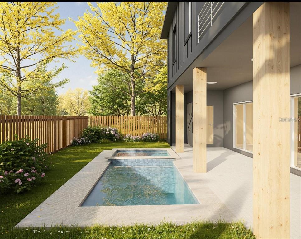 This is a rendering of a backyard featuring a small rectangular pool and wooden pillars — 849 S SHADE AVENUE, SARASOTA, FL