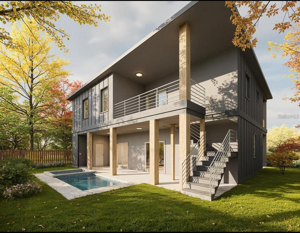 A digital rendering of a two-story modern house with a pool and exterior staircase — 849 S SHADE AVENUE, SARASOTA, FL
