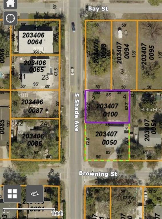 This is a satellite map showing property lot lines and parcel numbers in a residential neighborhood — 849 S SHADE AVENUE, SARASOTA, FL