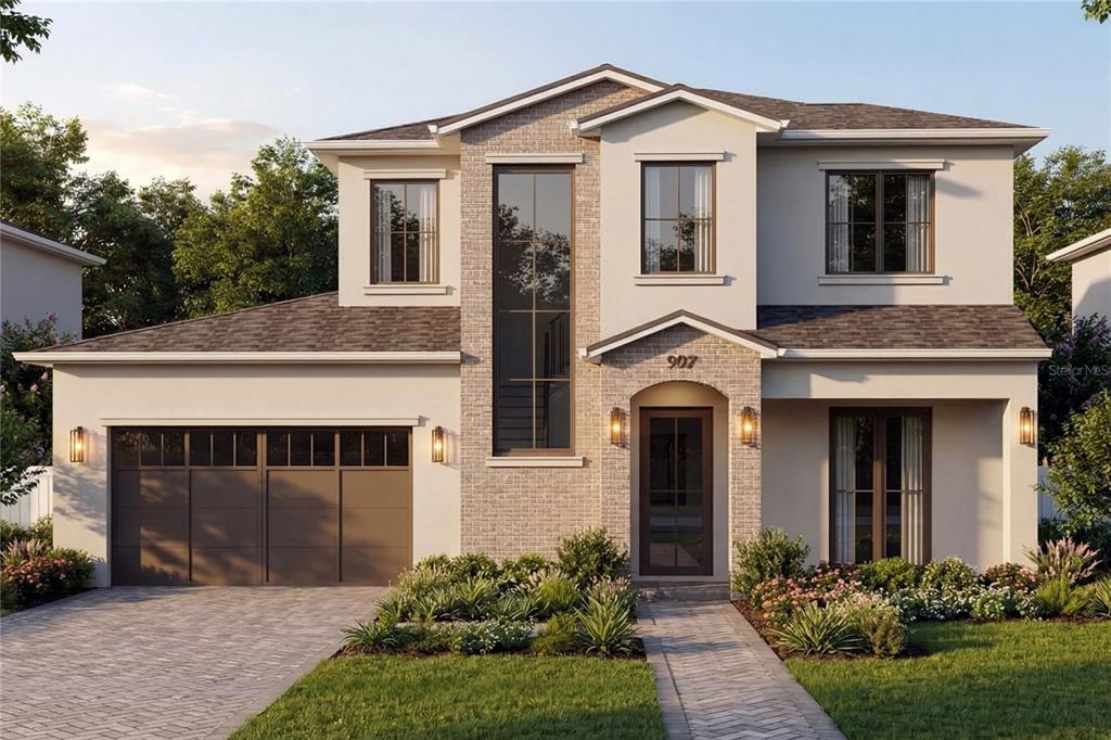 This rendering shows an open-concept living room and kitchen with neutral tones and modern furniture — 907 N HYER AVENUE, ORLANDO, FL