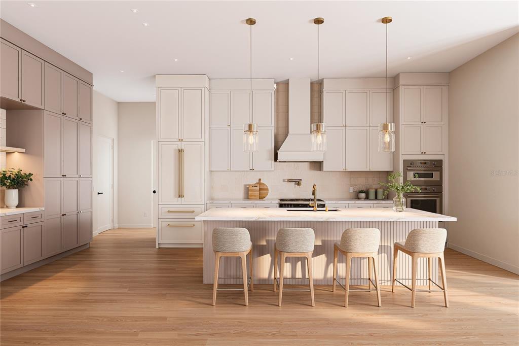 This rendering shows a dining area and a built-in wet bar with light wood flooring — 907 N HYER AVENUE, ORLANDO, FL