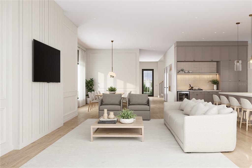 This rendering shows a modern kitchen with light cabinetry, a large island, and wood flooring — 907 N HYER AVENUE, ORLANDO, FL