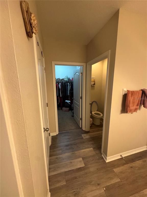 A hallway with wood-look flooring leads to a walk-in closet and a separate toilet room — 7023 57TH TERRACE E, PALMETTO, FL